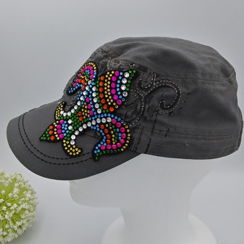 *SOLD* KBETHOS Gray & Multicolor Crystal Embellished Fleur De Lis Military Hat - Picture 5 of 12